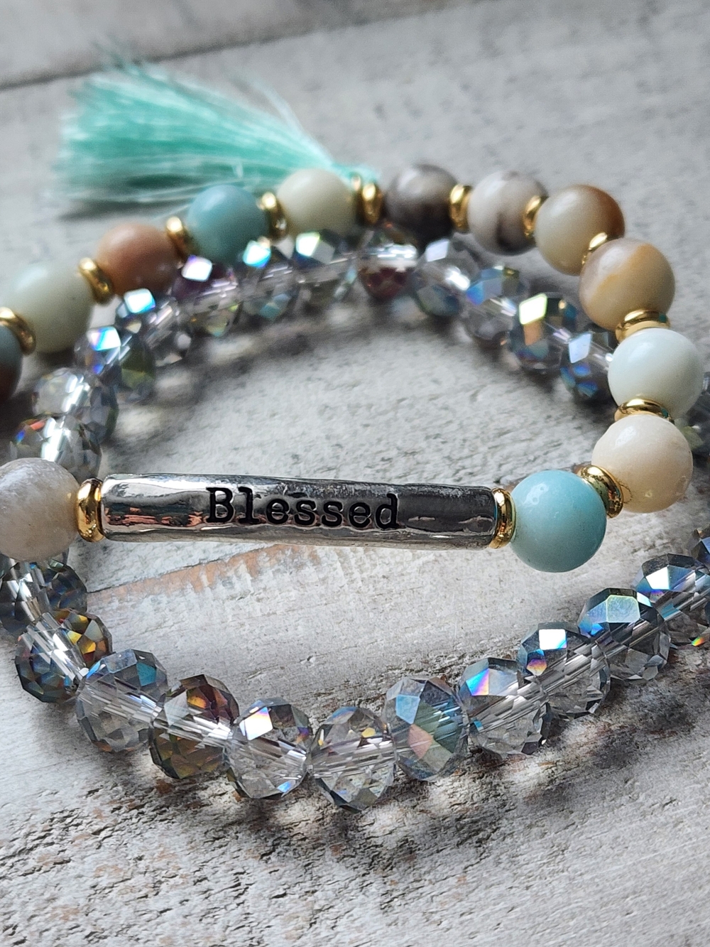 Blessed Beaded Stretch Bracelet Set in Aqua, Cream & Crystal